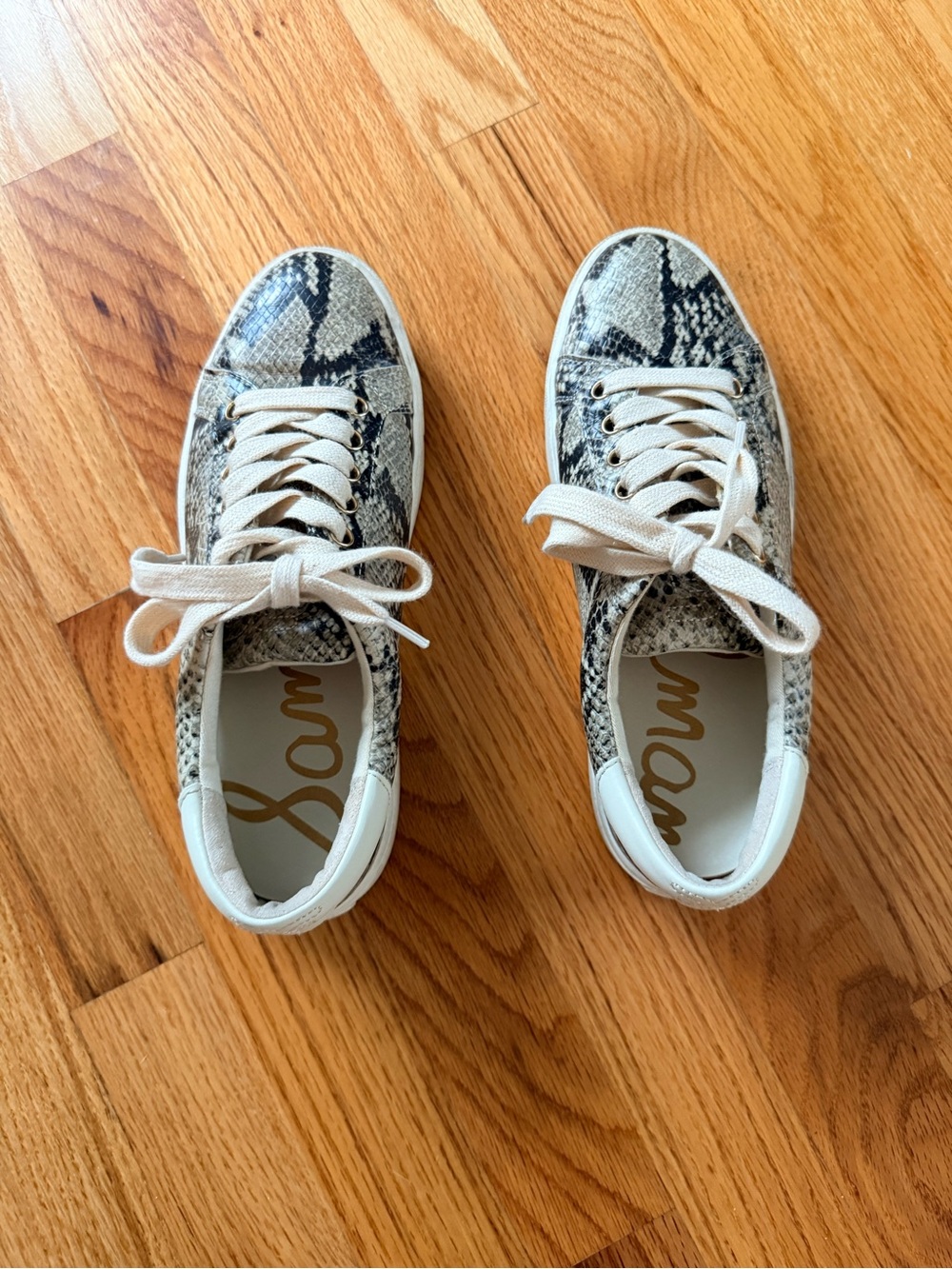 Sam Edelman Snake-Print Lace-Up Sneakers in Beige and Black